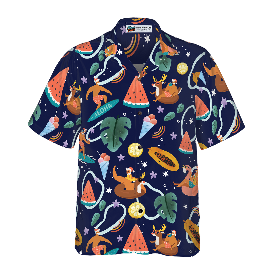 Lune London | Hyperfavor Santa Beach 1 Pattern Hawaiian Shirt, Short Sleeve Christmas Shirts Button Up for Men and Women