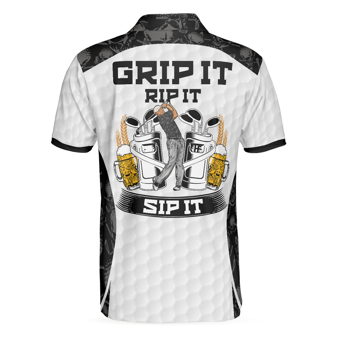 Lune London | Grip It Rip It Sip It White Golf Polo, Skull Pattern Shirt for Christmas, Spooky Gift Idea for Golfers