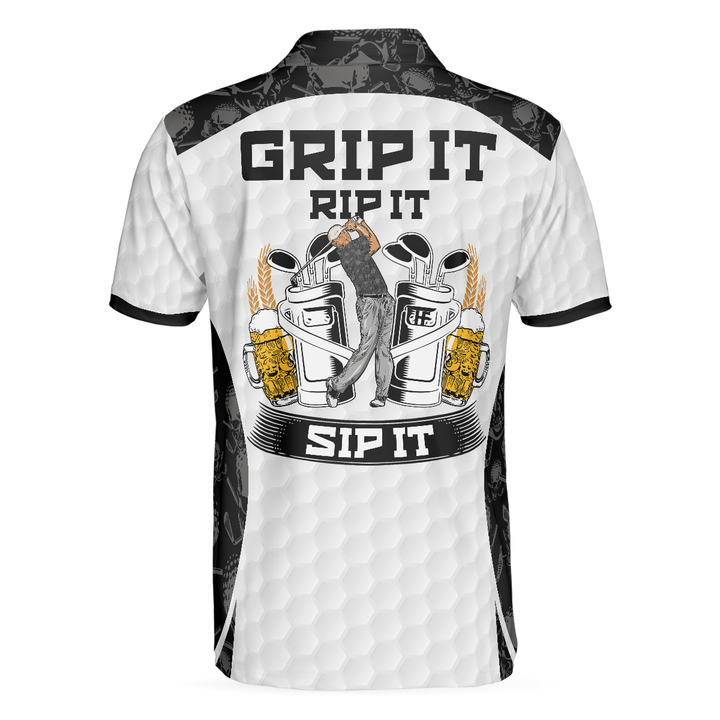 Lune London | Grip It Rip It Sip It White Golf Polo, Skull Pattern Shirt for Christmas, Spooky Gift Idea for Golfers
