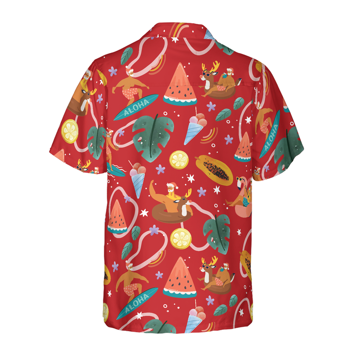Lune London | Hyperfavor Santa Surfing 3 Motif Hawaiian Shirt, Christmas Short Sleeve Button-Up Shirt for Men and Women
