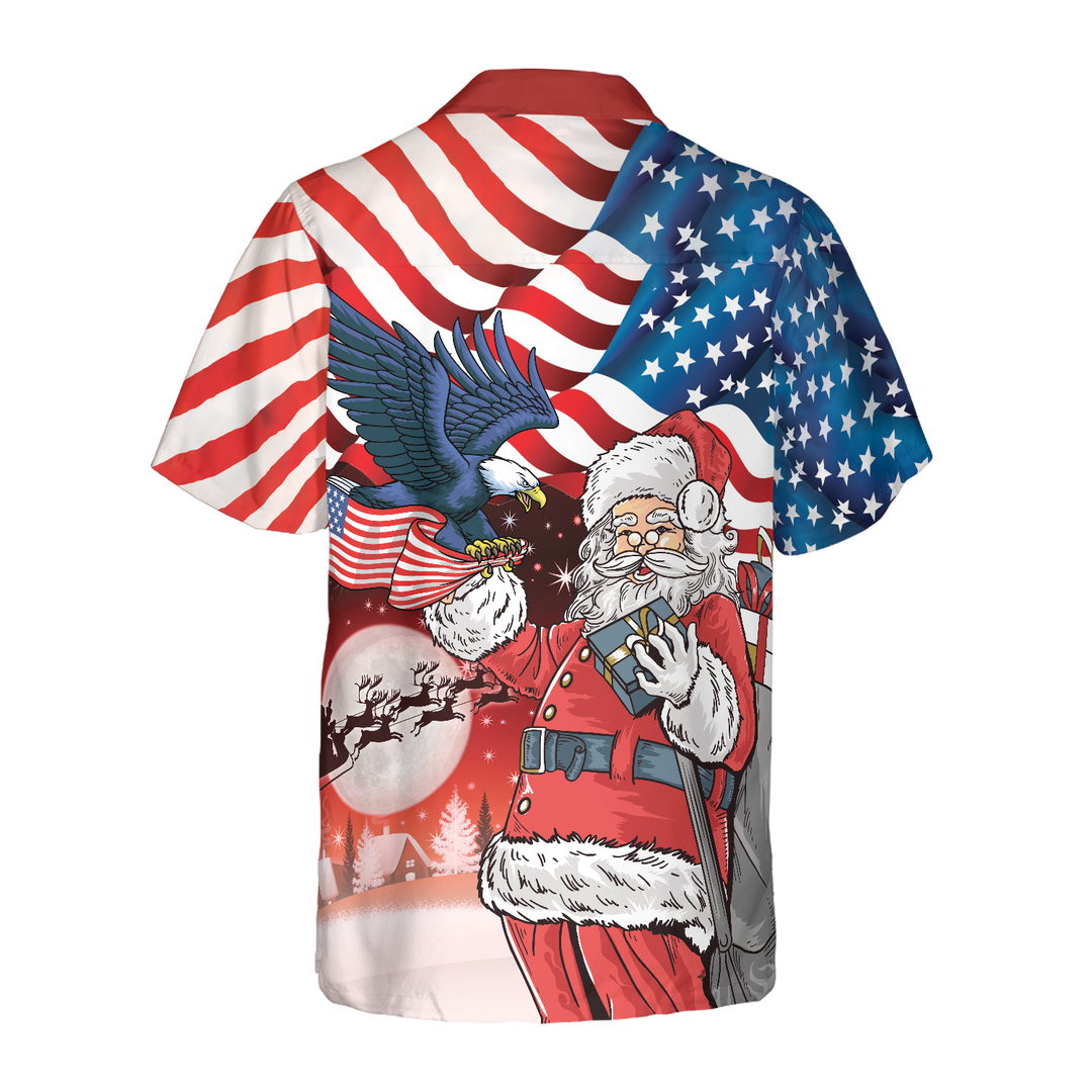 Lune London | Eagle, sitting on Santa Claus's hand with an American flag, Hawaiian shirt, gift idea for Christmas shirts for men and women