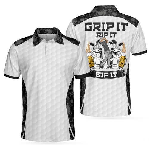 Amarae | Grip It Rip It Sip It White Golf Polo, Skull Pattern Shirt for Christmas, Spooky Gift Idea for Golfers