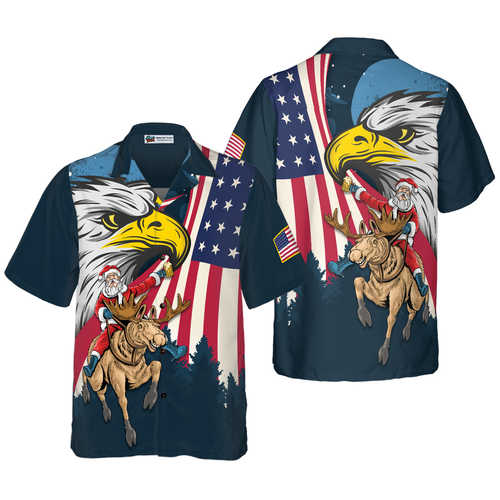 Amarae | Christmas Hawaiian Shirts Hyperfavor, Santa with American Flag 2 Short Sleeve Shirt, Christmas Gift Shirt Idea for Men and Women
