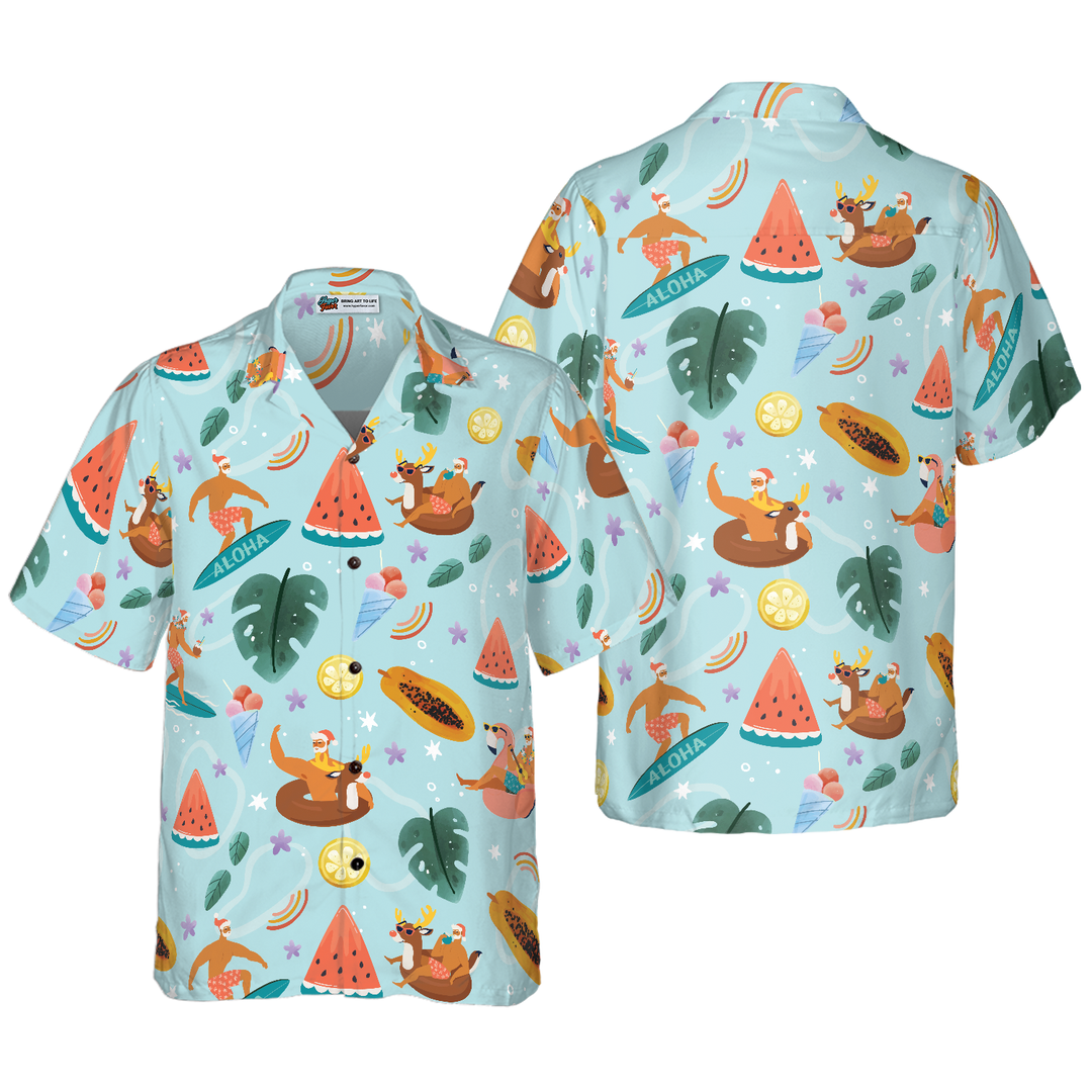 Lune London | Hyperfavor Santa Beach 2 Pattern Hawaii Shirt, Short Sleeve Christmas Shirts Button Shirt for Men and Women