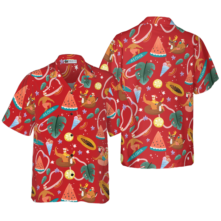 Lune London | Hyperfavor Santa Surfing 3 Motif Hawaiian Shirt, Christmas Short Sleeve Button-Up Shirt for Men and Women