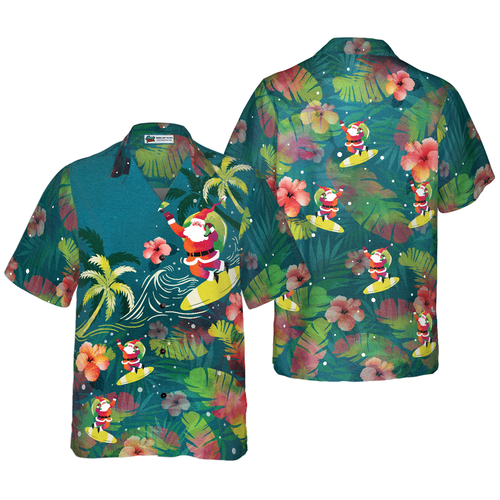 Amarae | Hyperfavor Christmas Hawaiian Shirts for Men and Women, Surfing Santa Hawaiian Button-Up Short Sleeve Shirt