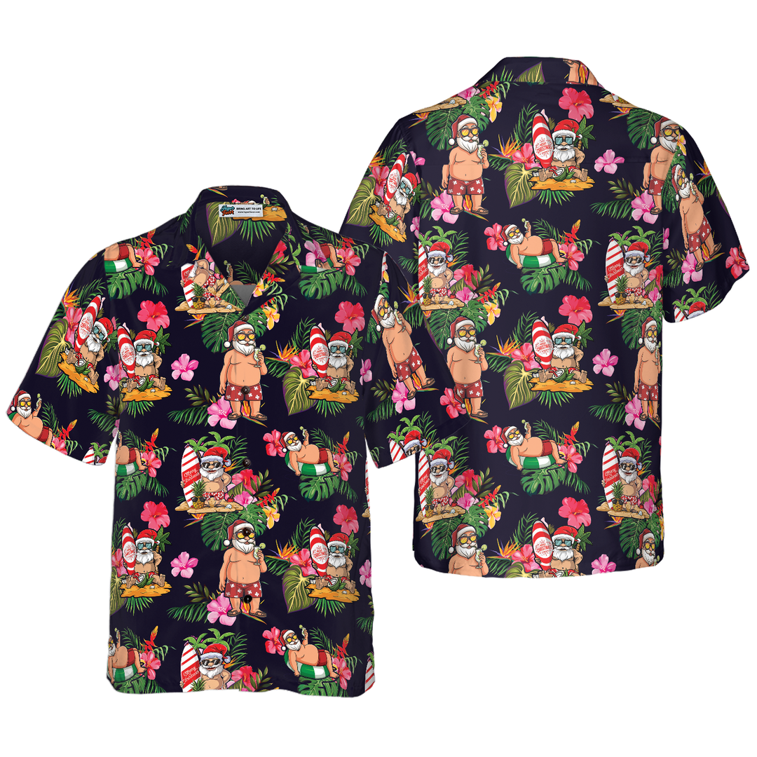 Lune London | Hyperfavor Christmas Hawaiian Shirt, Santa with Tropical Floral Pattern Short Sleeve T-Shirt, Christmas Gift Idea for Men and Women