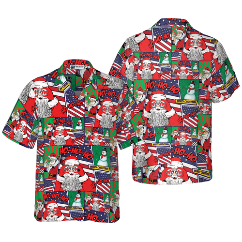 Amarae | Hawaiian shirts, Santa with American flag cartoon style short sleeve shirt, Christmas gift idea for men and women