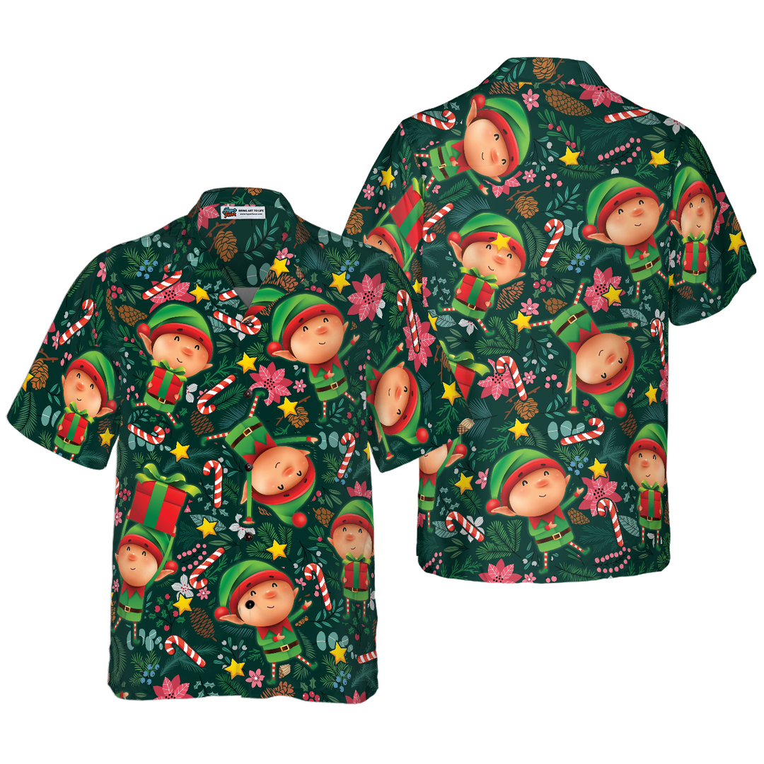 Lune London | Hawaiian shirts Hyperfavor Christmas, The short-sleeve Christmas Elf shirt with dark green pattern, Christmas shirt gift idea for men and women