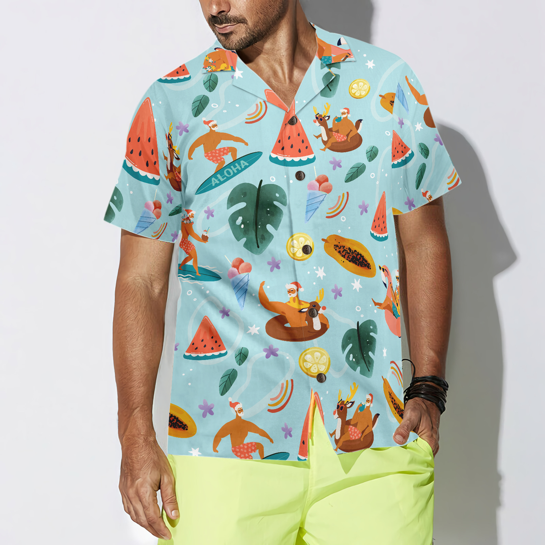 Lune London | Hyperfavor Santa Beach 2 Pattern Hawaii Shirt, Short Sleeve Christmas Shirts Button Shirt for Men and Women