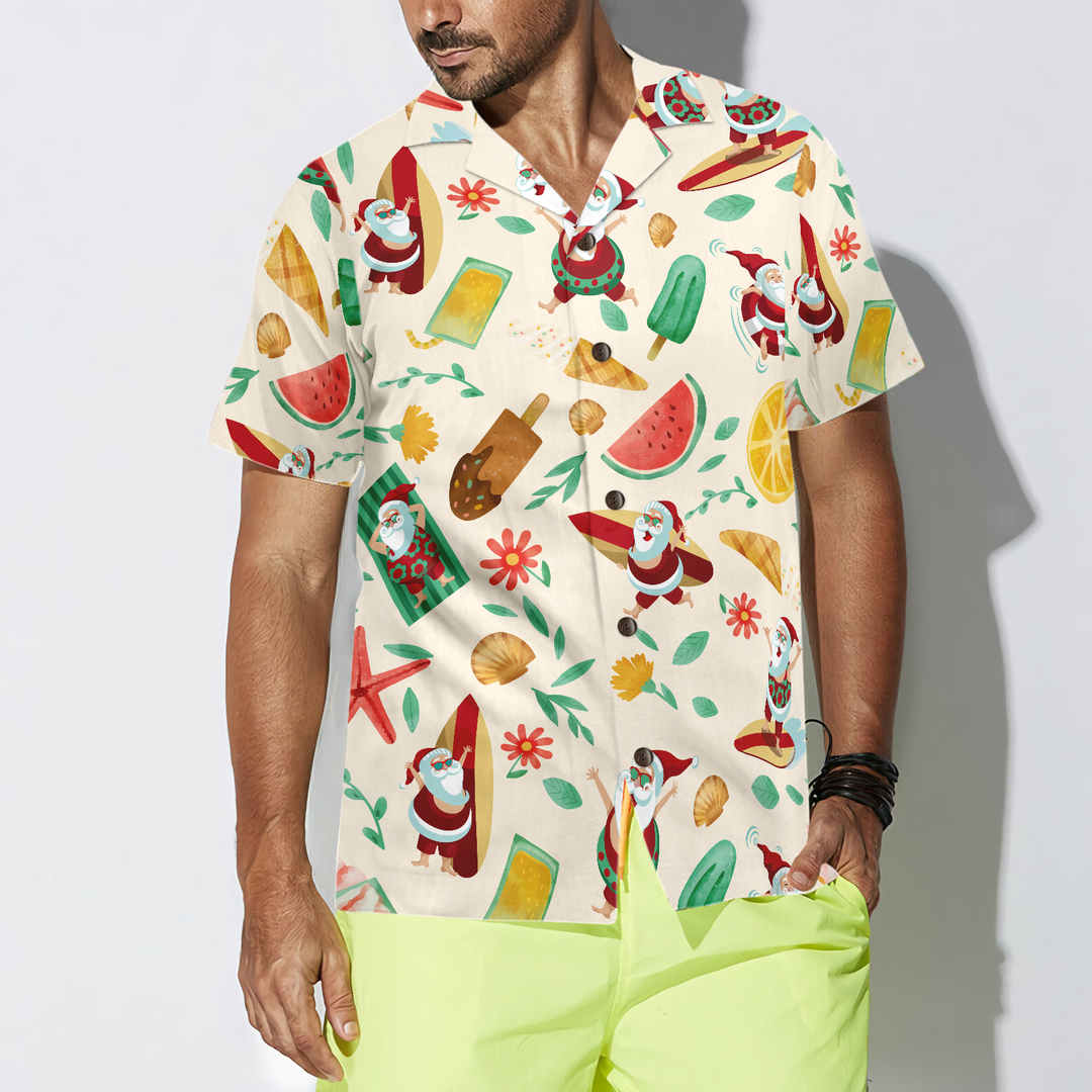 Lune London | Hyperfavor Santa Surfing 1 Pattern Hawaiian Shirt, Christmas Short Sleeve Button-Up Shirt For Men And Women