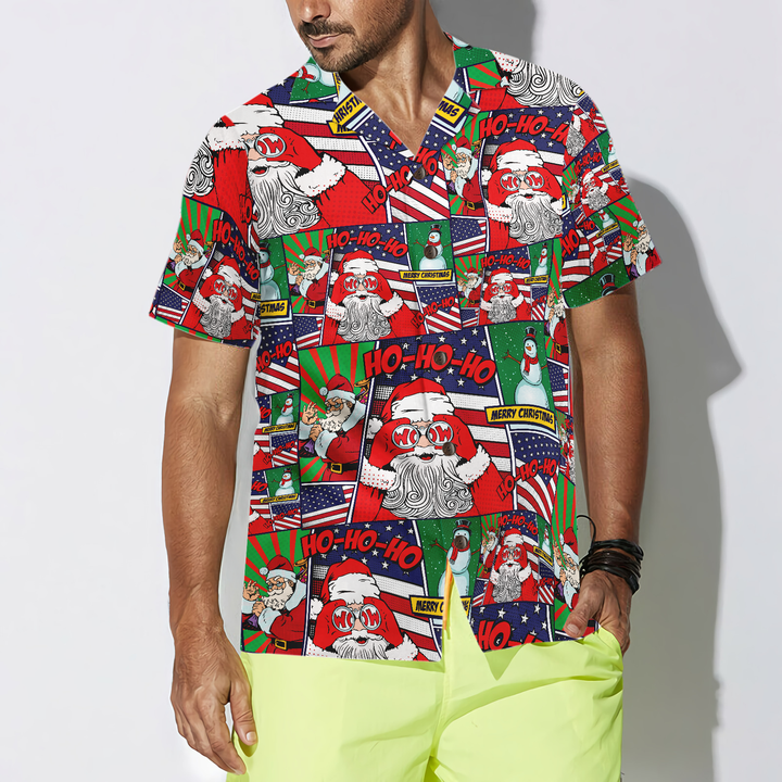 Lune London | Hawaiian shirts, Santa with American flag cartoon style short sleeve shirt, Christmas gift idea for men and women