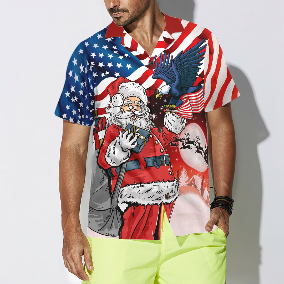 Lune London | Eagle, sitting on Santa Claus's hand with an American flag, Hawaiian shirt, gift idea for Christmas shirts for men and women