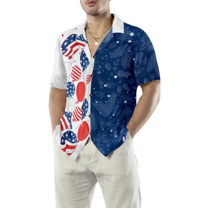 Lune London | Hyperfavor Christmas USA Balloons Pattern Hawaii Shirt, Christmas Short Sleeve Button-Up Shirt for Men and Women