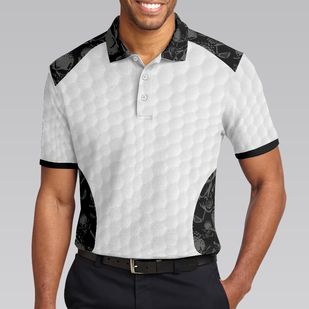 Lune London | Grip It Rip It Sip It White Golf Polo, Skull Pattern Shirt for Christmas, Spooky Gift Idea for Golfers