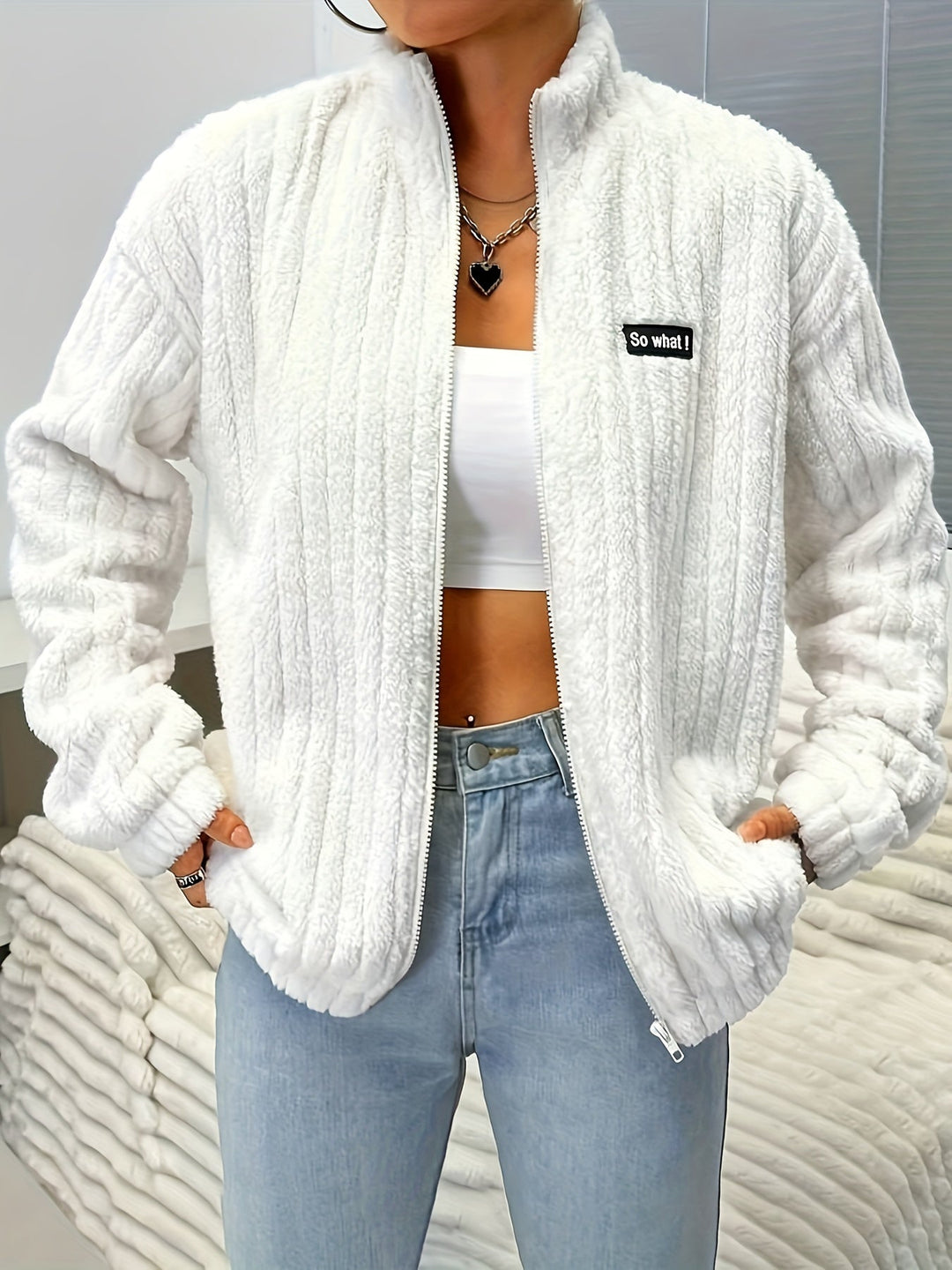Amarae | Zipper teddy jacket with ribbing and long sleeves