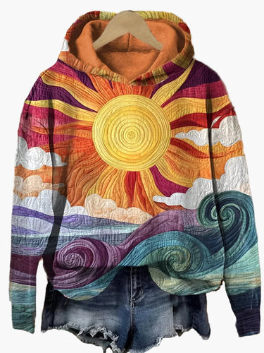 Amarae | Hoodie with Artistic Pattern of Sun and Waves - Casual Boho Sweater for Daily Wear and Festivals