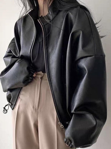 Amarae | Vintage Drawstring Vegan Leather Jacket with Collar