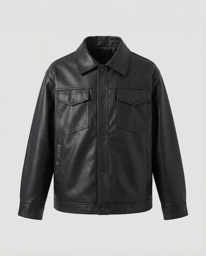 Men's Classic Faux Leather Jacket with Pockets