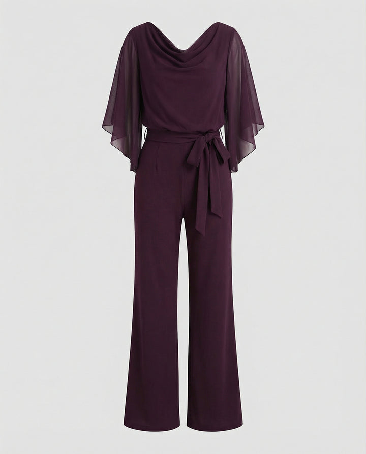 Women’s Wide-Leg Jumpsuit with Cascading Neckline & Lace-Up Waist | Lune London