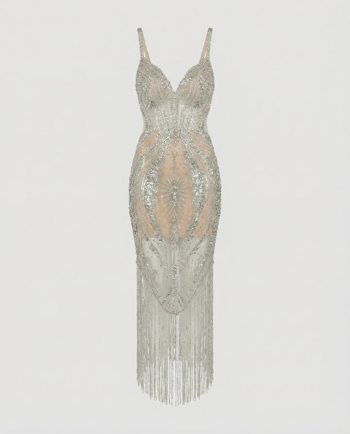 Women’s Elegant Midi Dress with V-Neck & Sequin Detail | Lune London