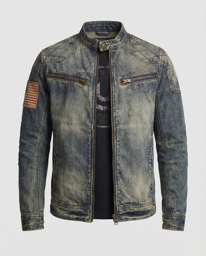 Men's Denim Jacket Biker Style Stand-Up Collar