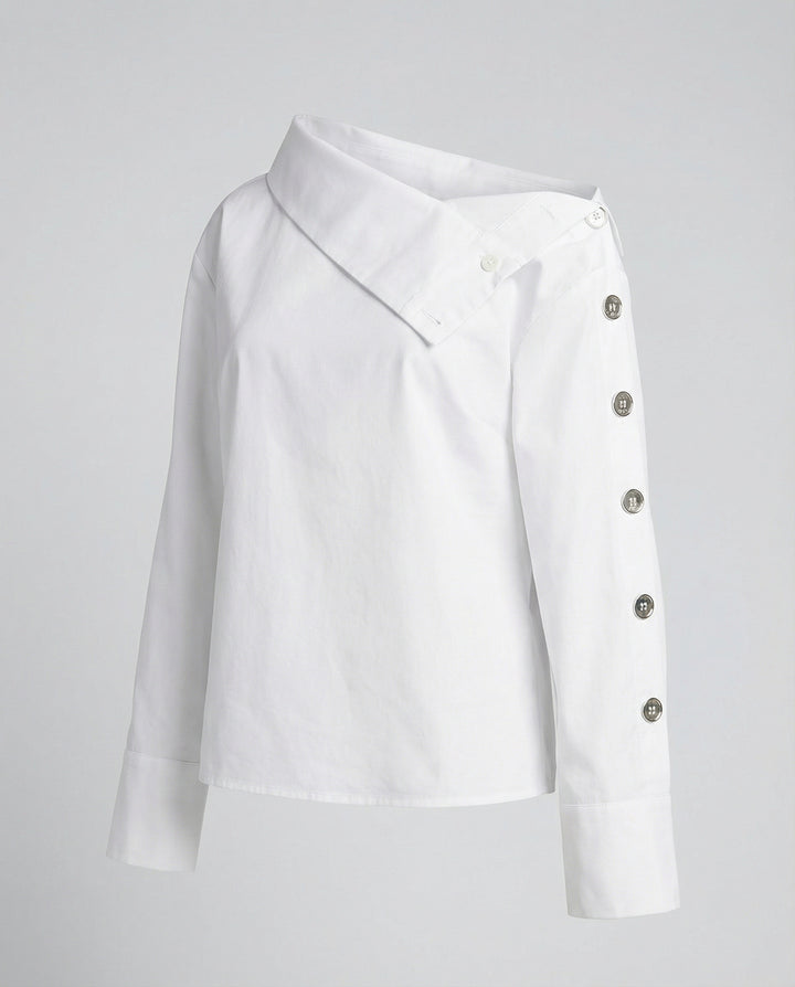 Women’s Cotton-Blend Blouse with Stand-Up Collar & Buckle Detail | Amarae
