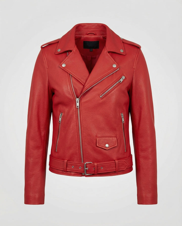 Men's Genuine Leather Biker Jacket with Design Accents