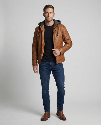 Men's leather jacket with sweatshirt hood & quilting details