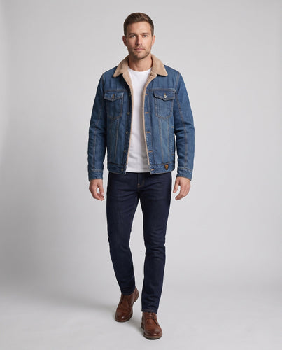 Men's Casual Jeans Work Jacket with Warming Teddy Inner Side and Shirt Collar Amarae