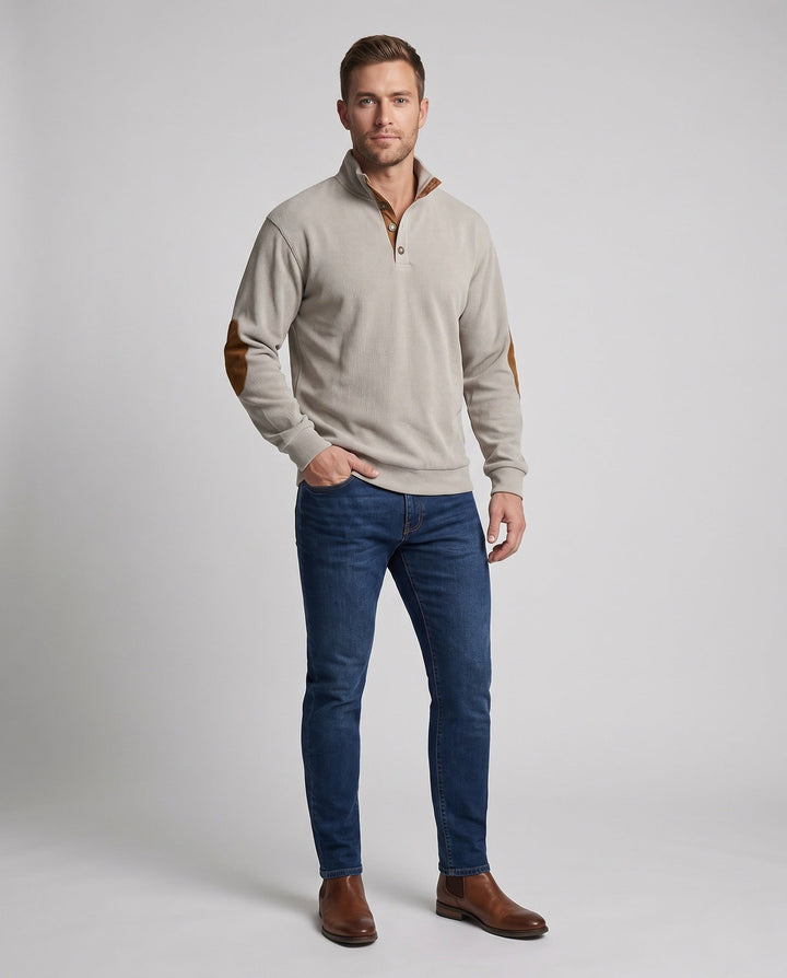 Men's fine structured troyer with applied button placket and suede elbow patches Amarae