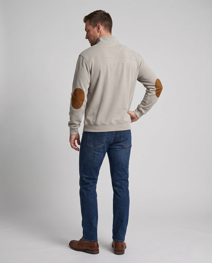 Men's fine structured troyer with applied button placket and suede elbow patches Amarae