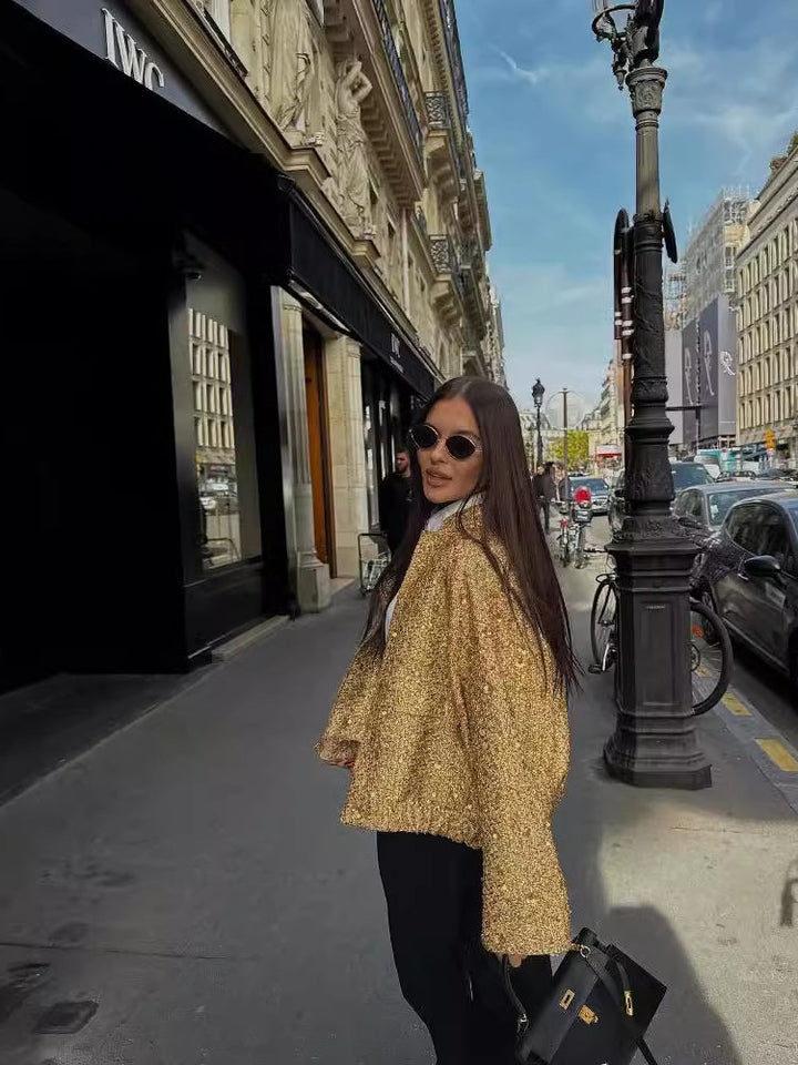 Lune London | Women's bomber jacket with golden sequins and relaxed fit for party or leisure use