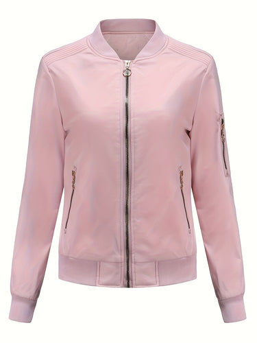 Amarae | Solid Color Polyester Bomber Jacket with Baseball Collar and Zipper Pocket
