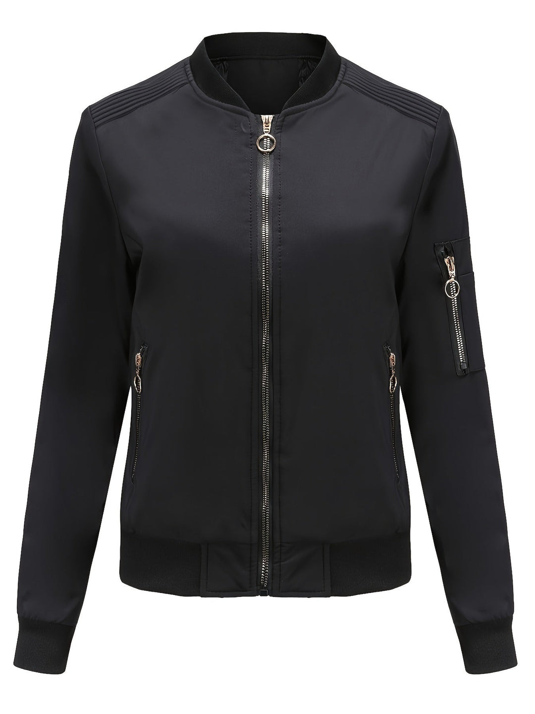 Lune London | Solid Color Polyester Bomber Jacket with Baseball Collar and Zipper Pocket