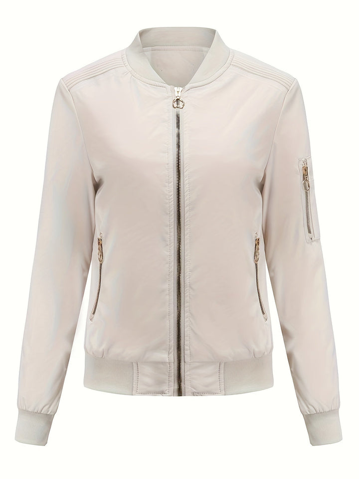 Lune London | Solid Color Polyester Bomber Jacket with Baseball Collar and Zipper Pocket