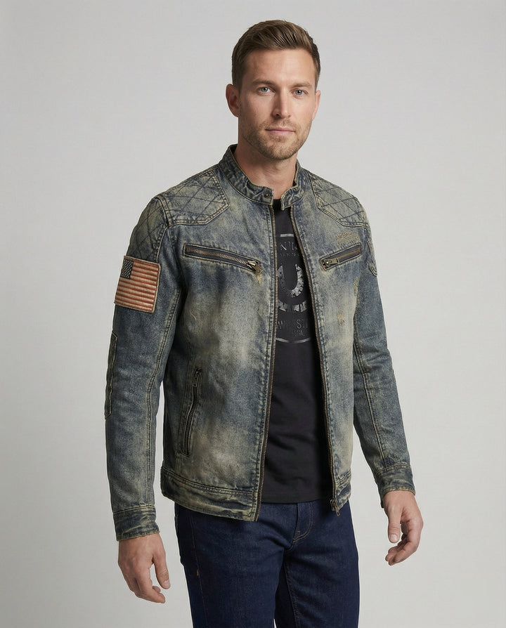 Men's Denim Jacket Biker Style Stand-Up Collar