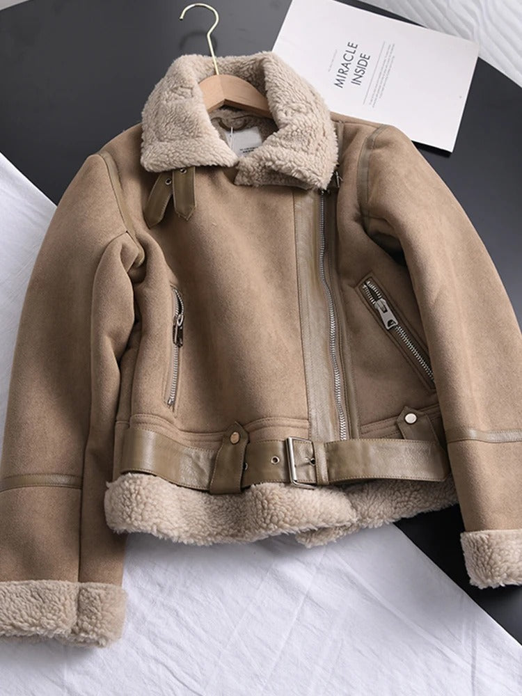 Amarae | Women's Leather Jacket with Shearling Lining Asymmetrical Zipper Belt