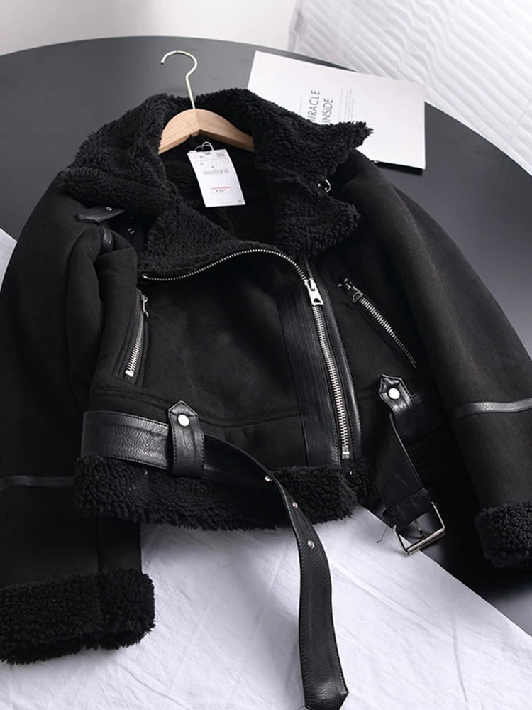 Amarae | Women's Leather Jacket with Shearling Lining Asymmetrical Zipper Belt