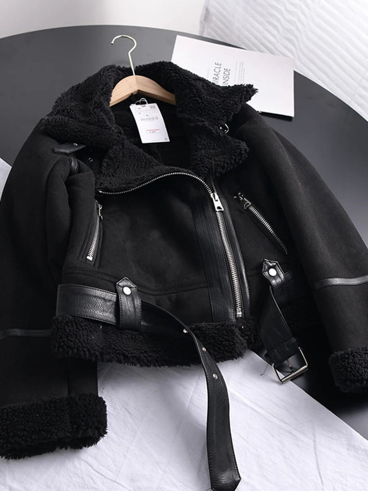 Amarae | Women's Leather Jacket with Shearling Lining Asymmetrical Zipper Belt