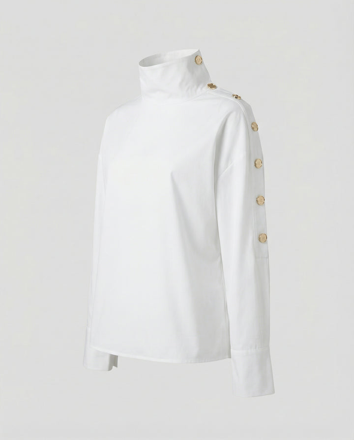 Women’s Cotton-Blend Blouse with Stand-Up Collar & Buckle Detail | Amarae
