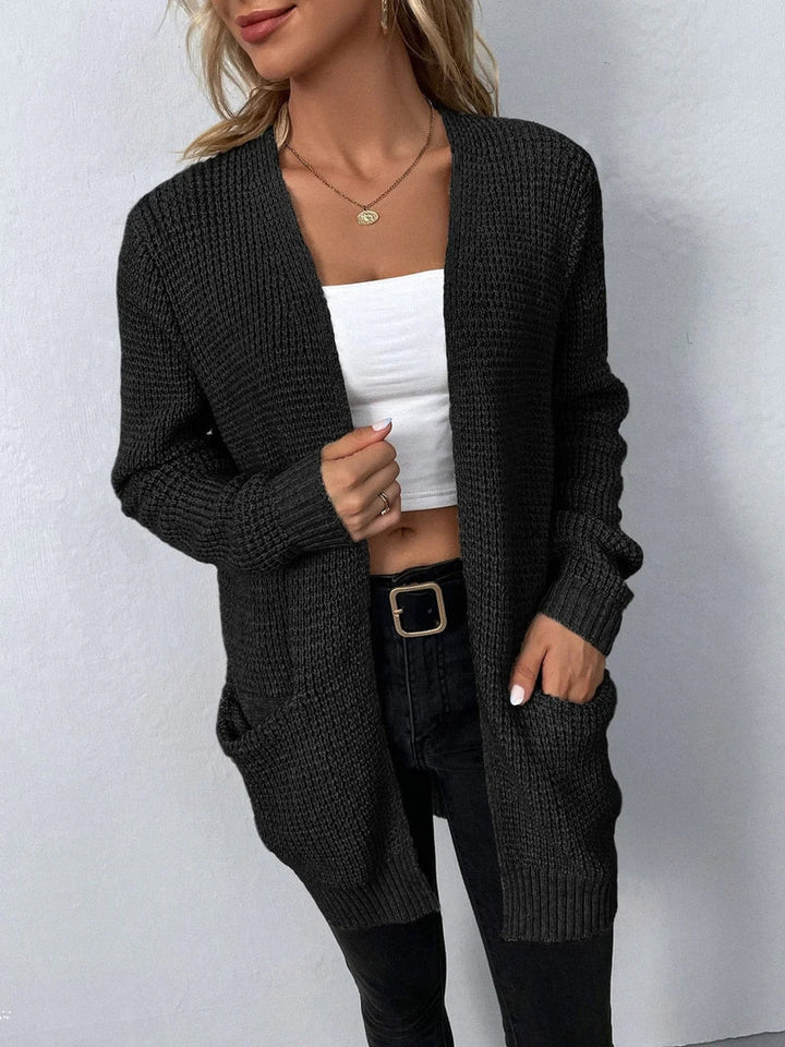 Lune London | Cardigan - Long Open Front - knitted texture - soft ribbed edges - with pockets