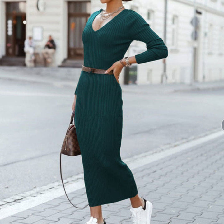 Lune London | Knitted Long Elastic Dress with Sexy V-Neck