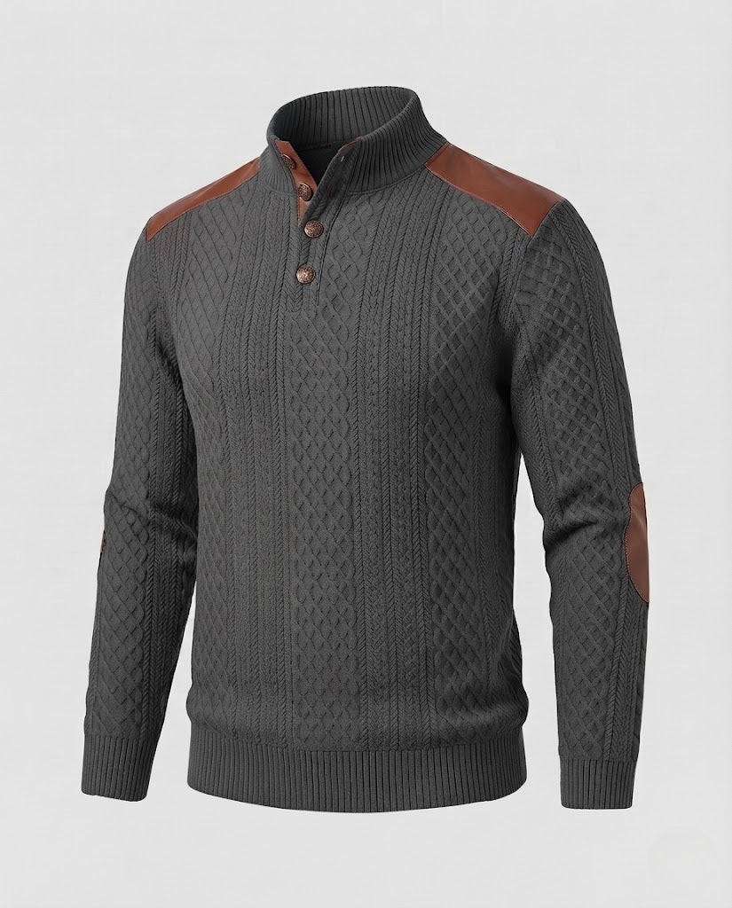 Men's Structured Cable Knit Pullover with Contrast Leather Trim Amarae
