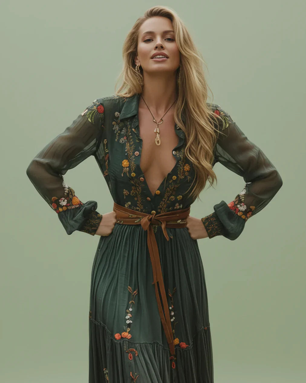 Boho Women's Maxi Dress with Low V-Neck and Long Sleeve Lune London