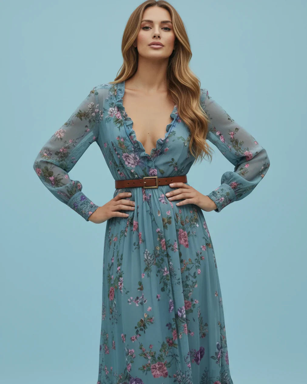 Boho Women's Maxi Dress with Low V-Neck and Long Sleeve Lune London
