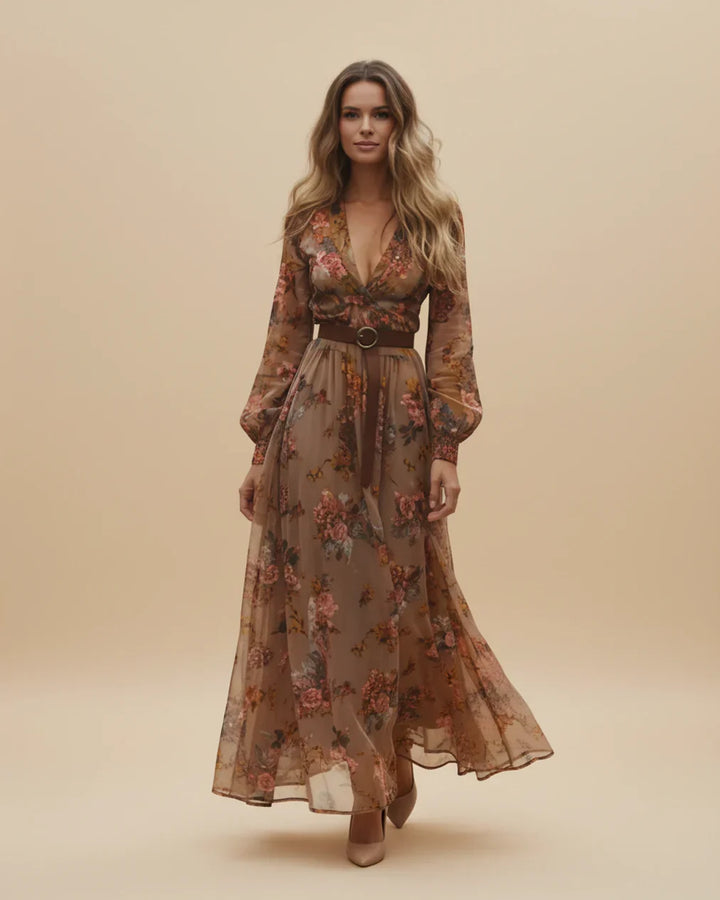 Boho Women's Maxi Dress with Low V-Neck and Long Sleeve Lune London