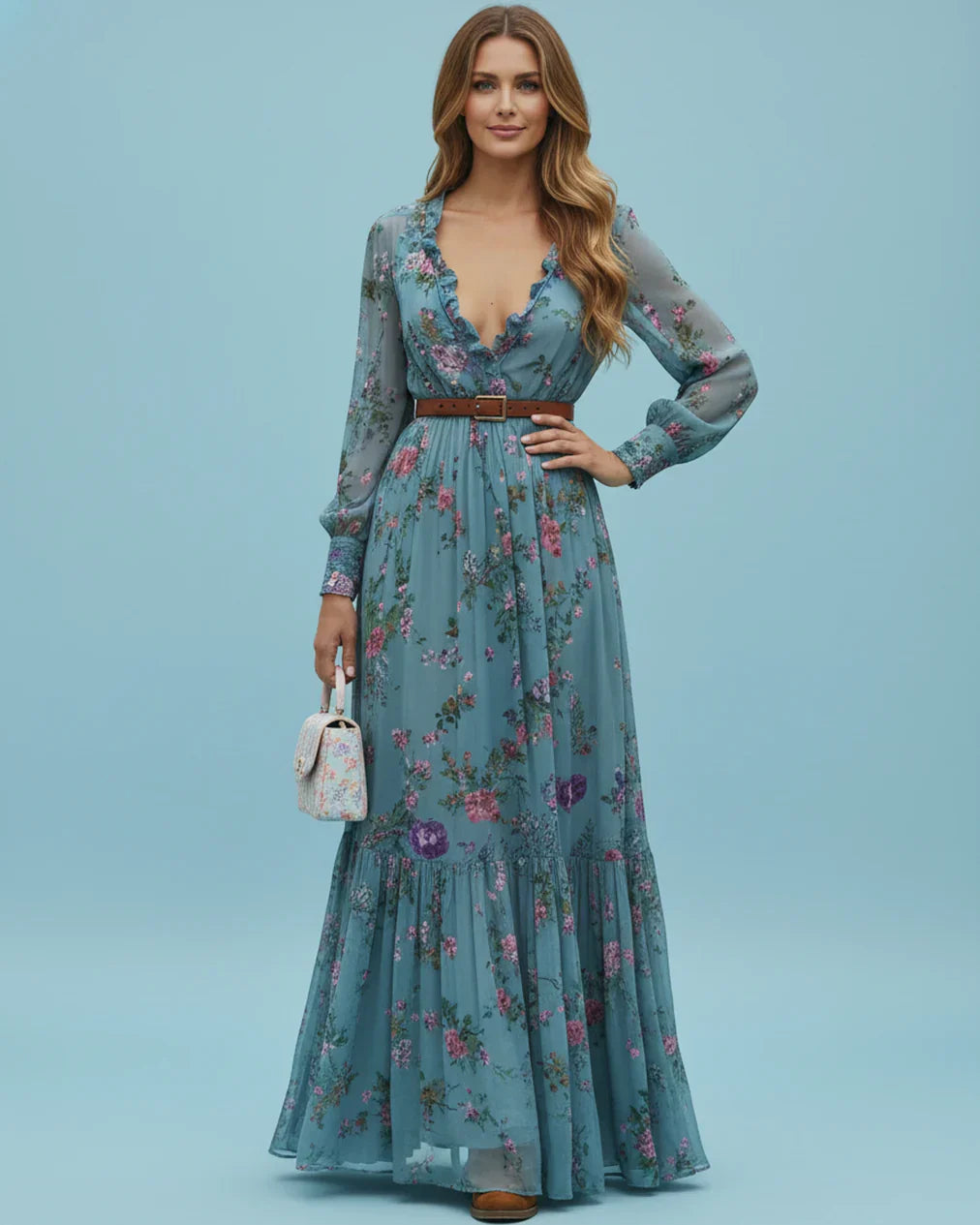 Boho Women's Maxi Dress with Low V-Neck and Long Sleeve Lune London