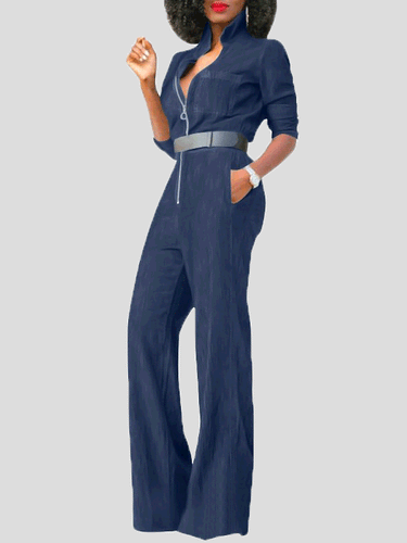 Amarae | Women's Jumpsuits Lap Zipper Long Sleeve Denim Jumpsuit